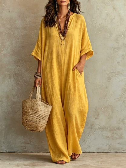 Robe Kaftan Longue Ample en Mélange de Lin à Manches Courtes Col V et Poches