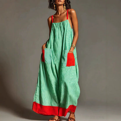Women's Vacation Linen-Cotton Striped Color Block Spaghetti Strap Maxi Dress with Pockets