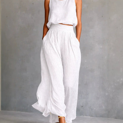 Chartreuse Textured Linen Matching Set, Sleeveless Tank Top & High Waist Flowy Wide Leg Pants