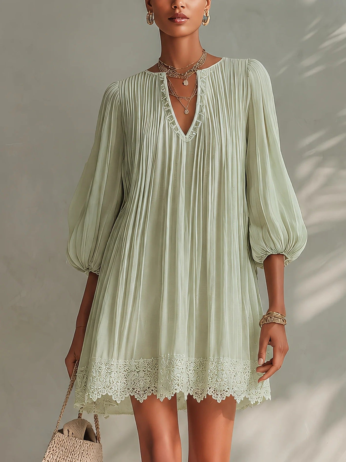 Mini-robe bohème à bordure en dentelle pour femme, col en V, manches ballon, robe de vacances ample