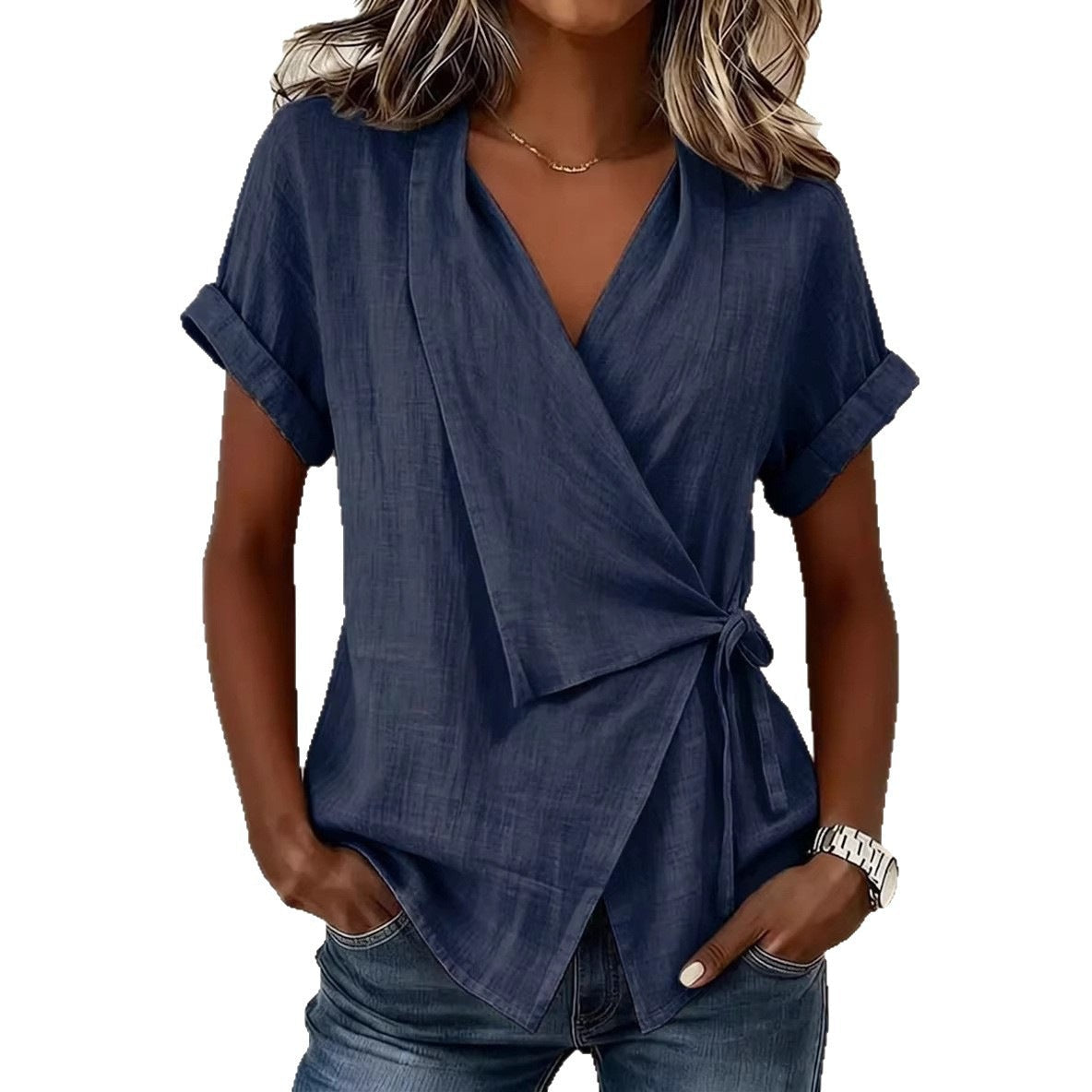Wrap Tie Waist Linen Blend Short Sleeve V-Neck Blouse