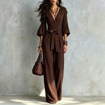 V‑Neck Wrap Belted Textured Wide‑Leg Jumpsuit With Balloon Sleeves - Coffee brown / S