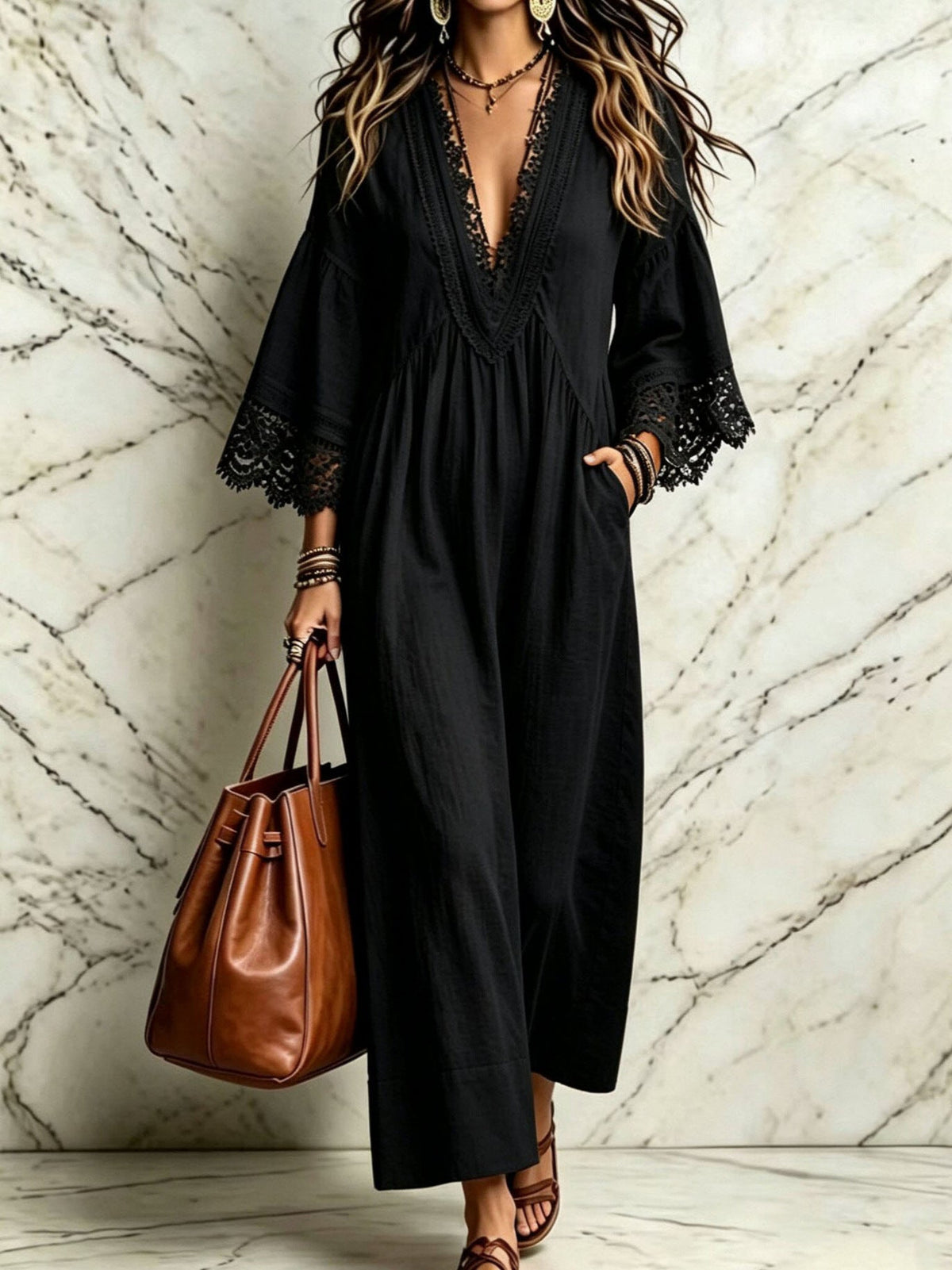 Robe longue bohème en dentelle et col en V pour femme, ample, manches 3/4, pour la plage ou les vacances