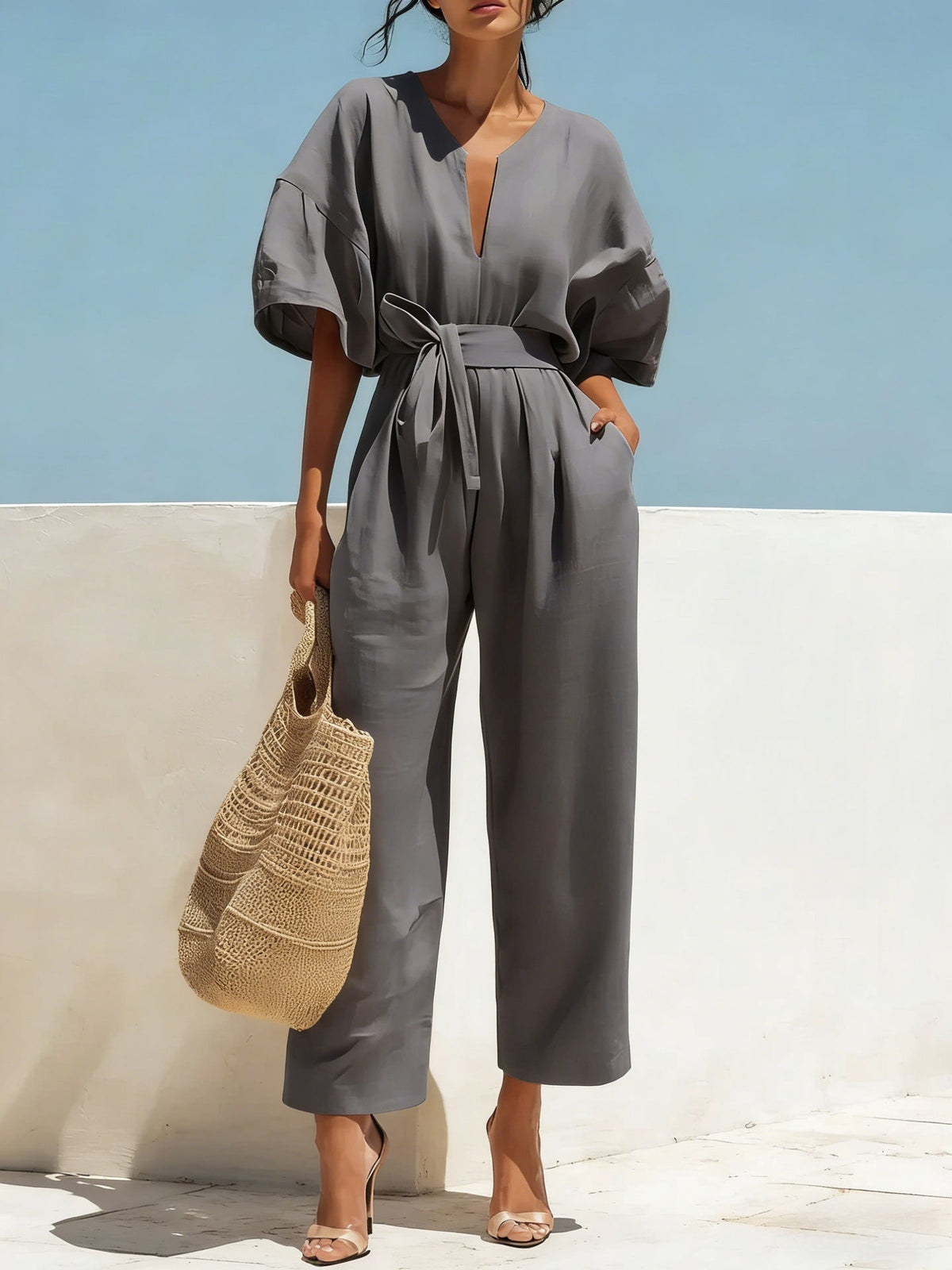 Women's Casual Linen Jumpsuit with Lantern Sleeves