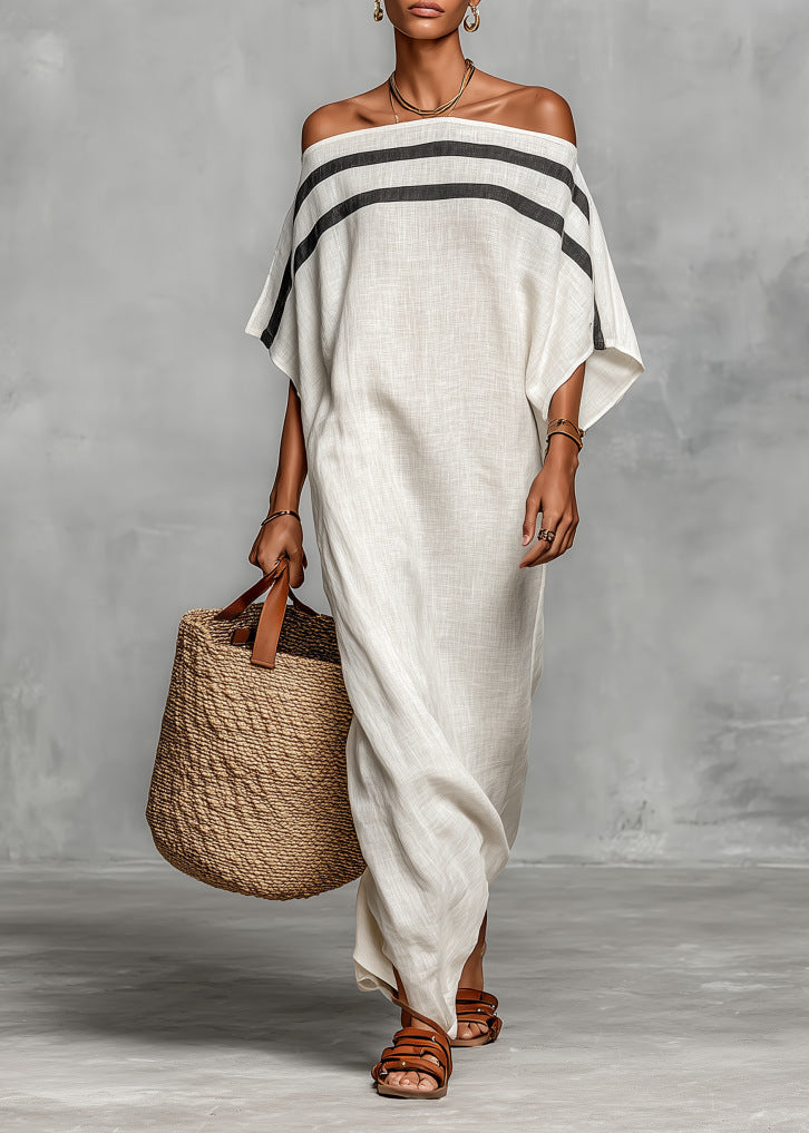 Stripe Off Shoulder Batwing Linen Maxi Kaftan Dress