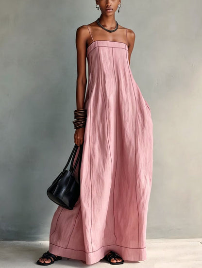 Contrast Stitch Thin Strap Straight Maxi Slip Dress