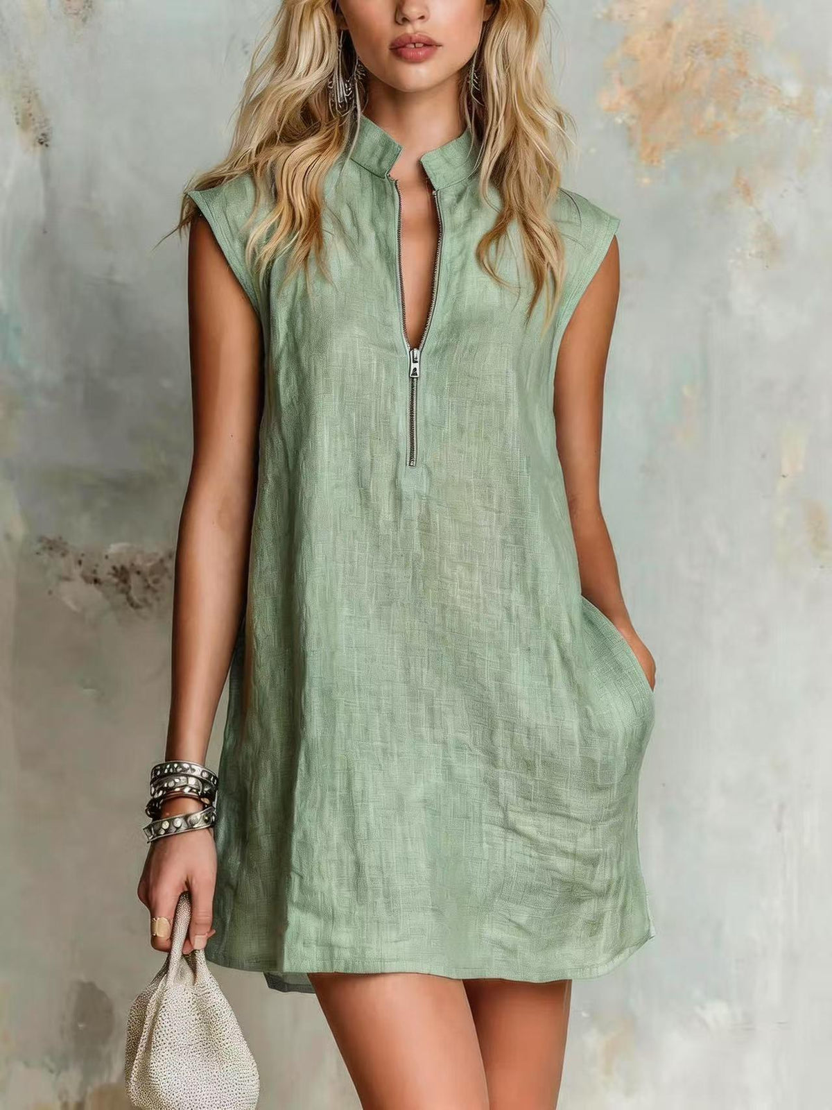 Linen Stand Collar Half Zip Sleeveless Pocket Mini Shift Dress