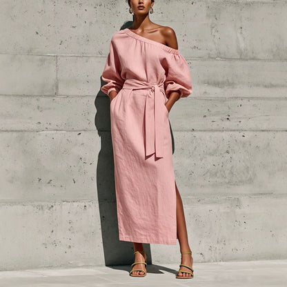 Linen One Shoulder Puff Sleeve Tie Waist Side Slit Midi Dress