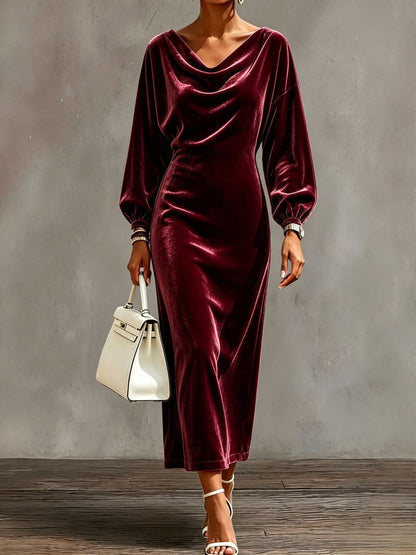 Robe midi en velours à col cache‑cou et manches bouffantes