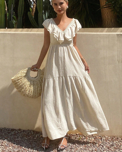 Women Solid V Neck Flutter Sleeve Loose Tiered Flowy Maxi Dress For Summer Vacation