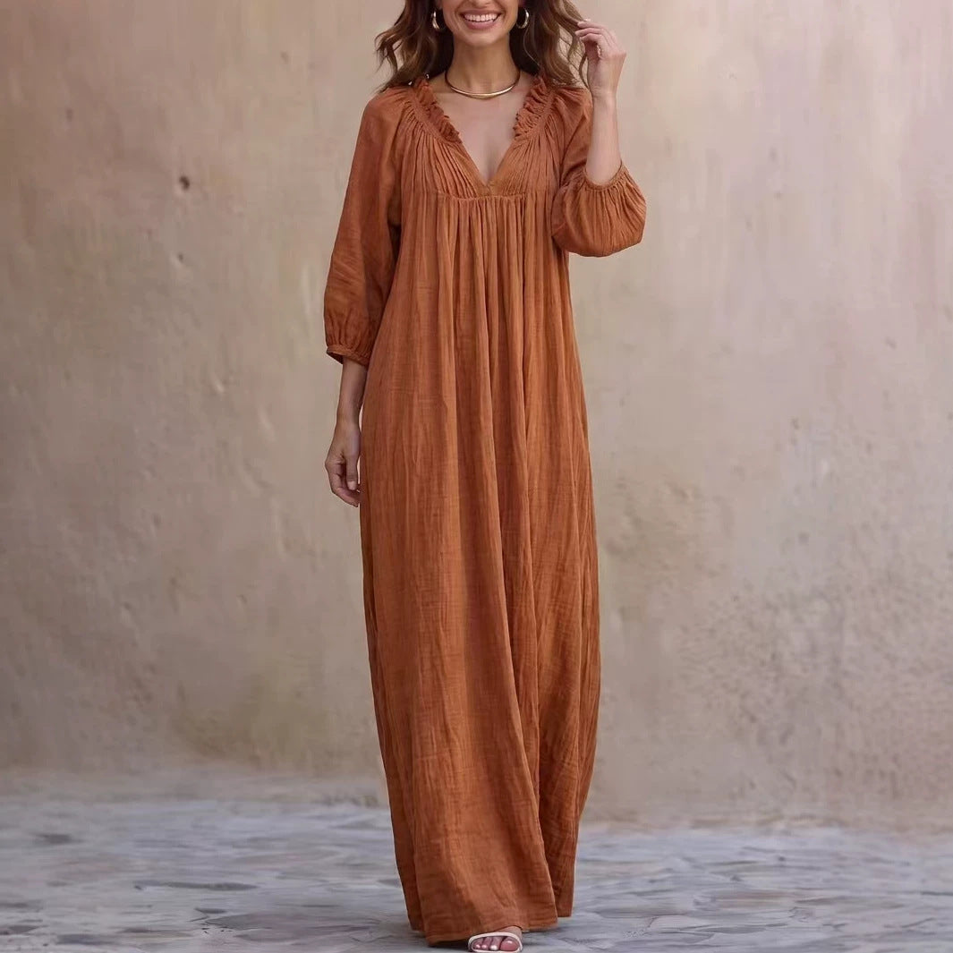 V‑Neck Ruffle Boho Maxi Dress Lantern 3/4 Sleeve Loose Casual Beach Cover‑up Caftan - Dark Brown / XS