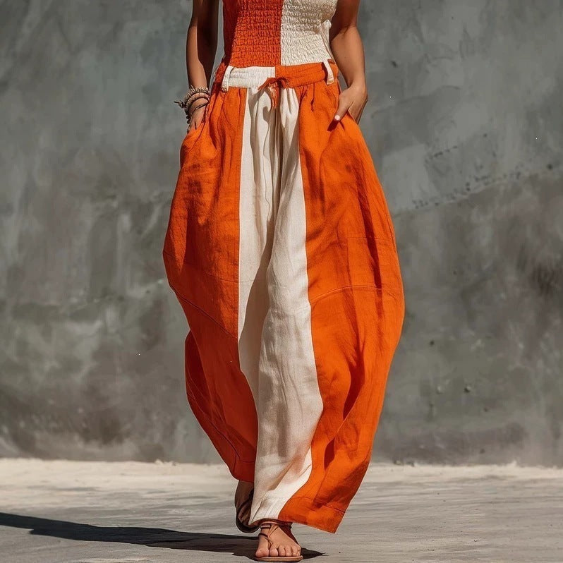 Orange White Vertical Color Block Smocked Strapless Linen Jumpsuit