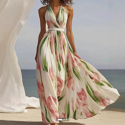 Halter V-Neck Floral Pleated Maxi Dress with Waist Belt