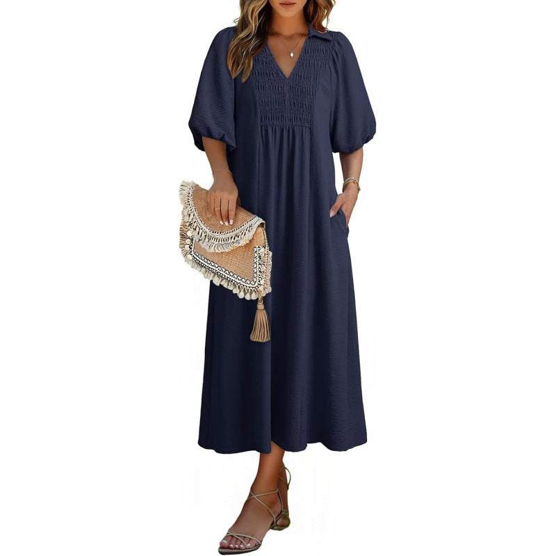 Smocked V‑Neck Puff‑Sleeve Midi Dress - Navy blue / S