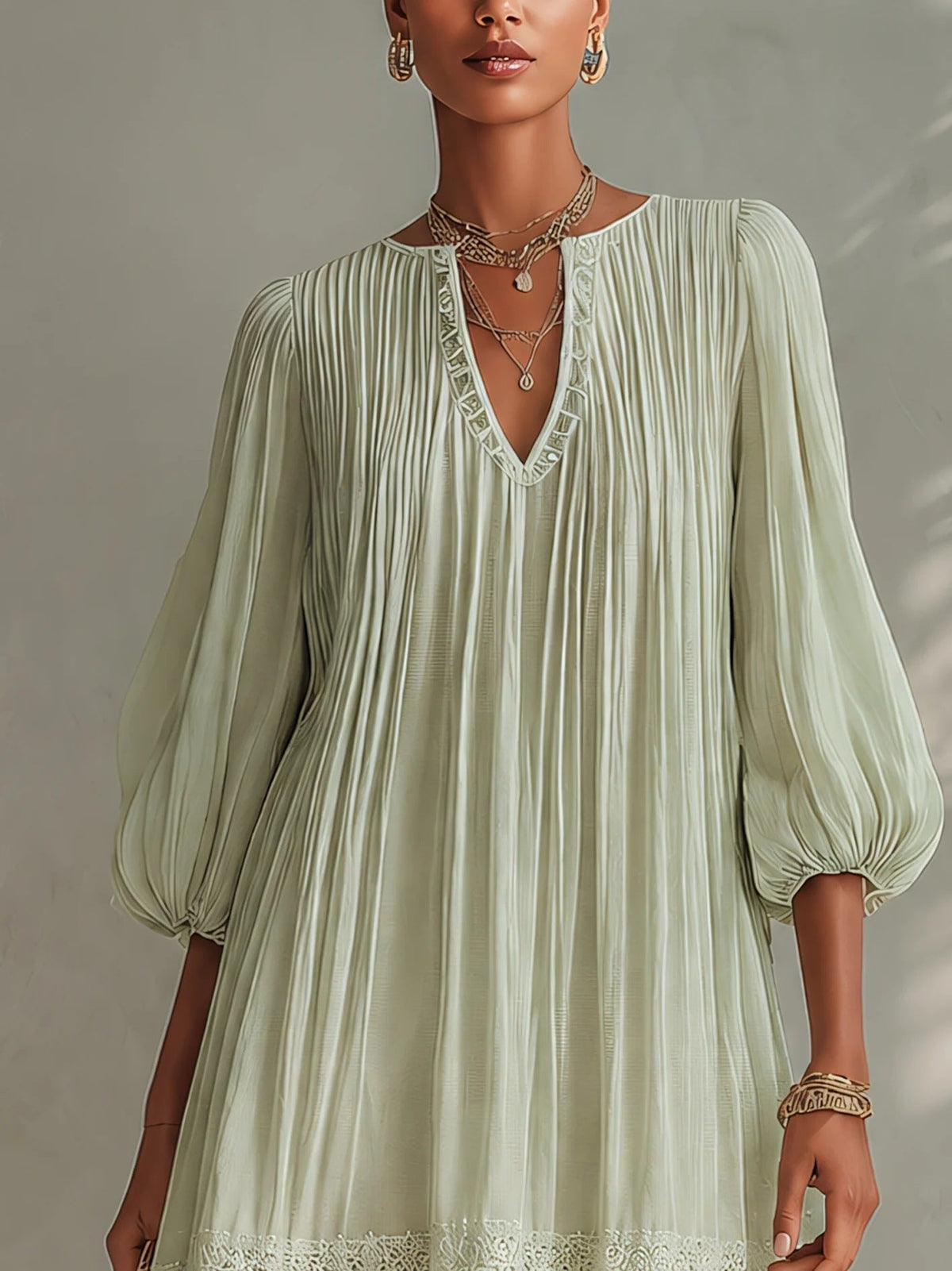 Mini-robe bohème à bordure en dentelle pour femme, col en V, manches ballon, robe de vacances ample