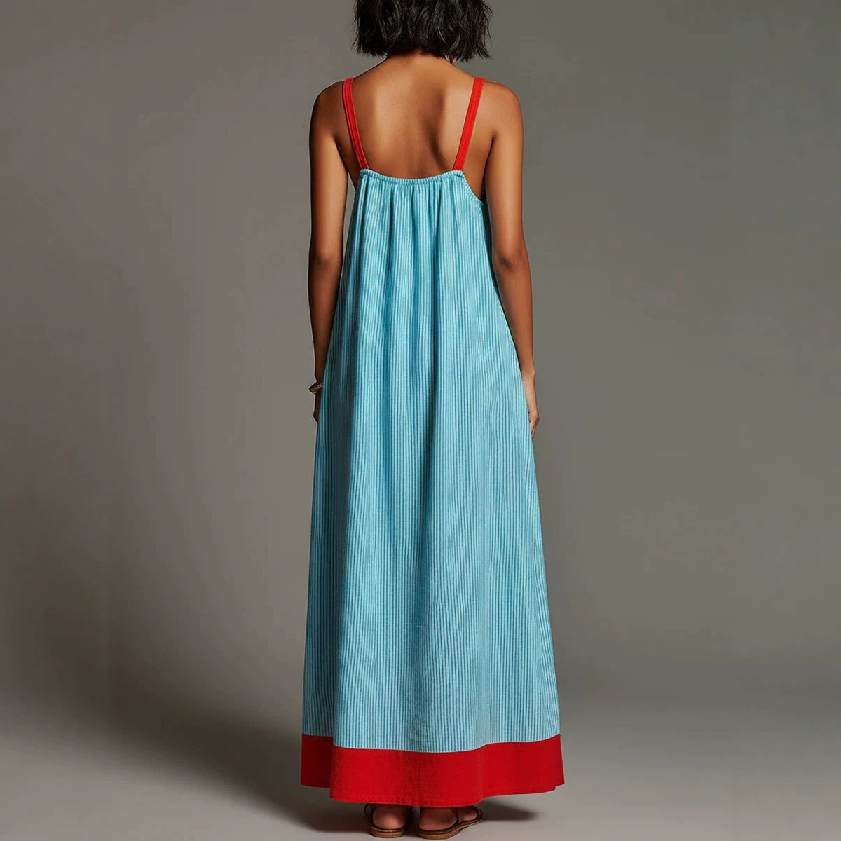 Women's Vacation Linen-Cotton Striped Color Block Spaghetti Strap Maxi Dress with Pockets