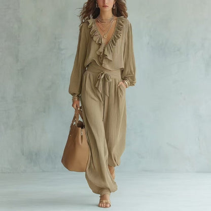 Ruffle V-Neck Long Sleeve Top & Tie Waist Wide Leg Pants Two Piece Set
