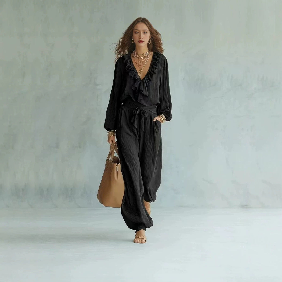 Ruffle V-Neck Long Sleeve Top & Tie Waist Wide Leg Pants Two Piece Set