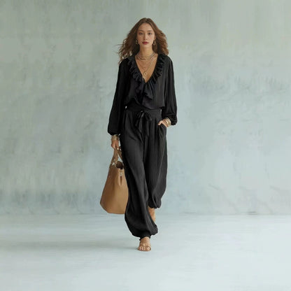 Ruffle V-Neck Long Sleeve Top & Tie Waist Wide Leg Pants Two Piece Set