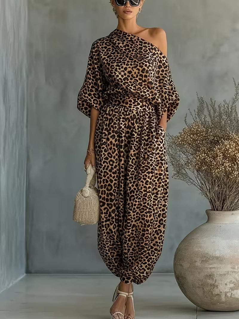 Leopard Print One Shoulder Batwing Top & Cuffed Harem Jogger 2 Piece Co-Ord Set