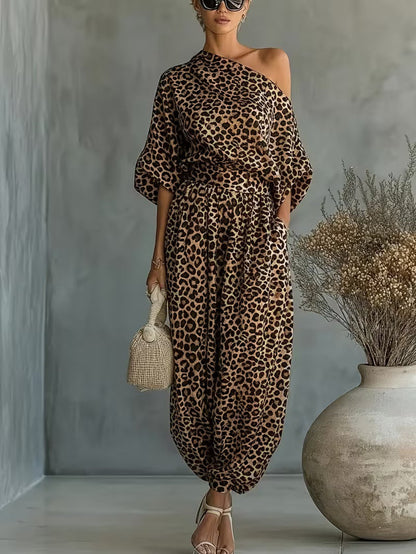 Leopard Print One Shoulder Batwing Top & Cuffed Harem Jogger 2 Piece Co-Ord Set