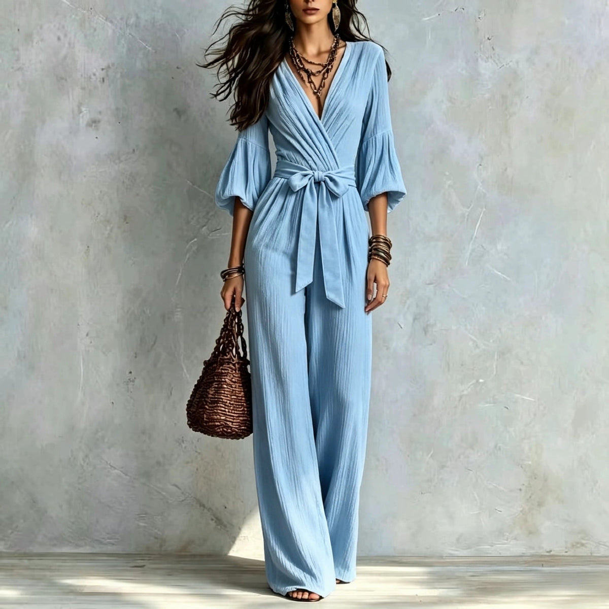 V‑Neck Wrap Belted Textured Wide‑Leg Jumpsuit With Balloon Sleeves - Sky blue / S