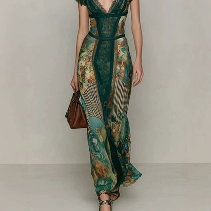 Deep V‑Neck Lace Cap Sleeve Vintage Print Maxi Dress