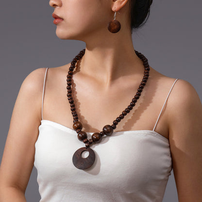 3pcs Jewelry Sets Fashionable Handmade Wood Beaded Necklace and Earrings Women’s Jewelry - Brown