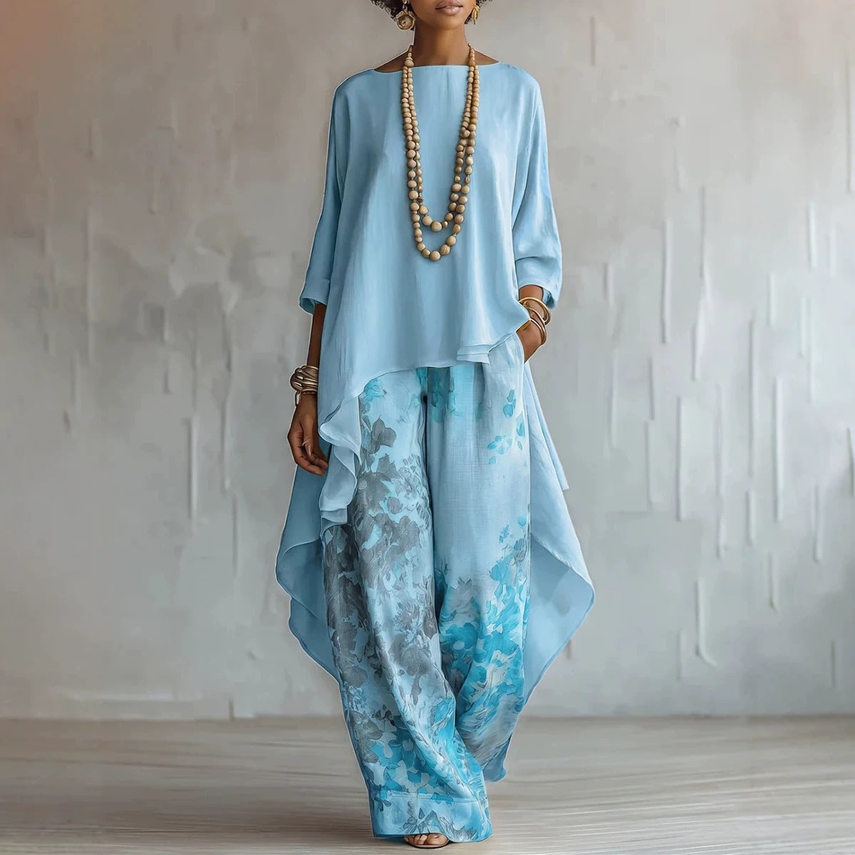 Women's Artistic Linen-Blend Asymmetrical Top & Floral Print Wide Leg Pants Two-Piece Set