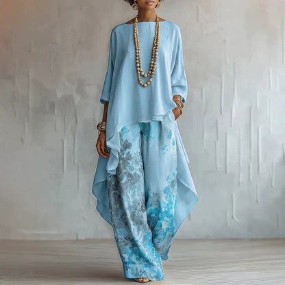 Women's Artistic Linen-Blend Asymmetrical Top & Floral Print Wide Leg Pants Two-Piece Set