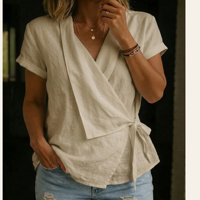Wrap Tie Waist Linen Blend Short Sleeve V-Neck Blouse