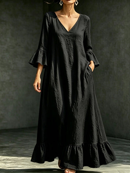 Robe longue en lin mélangé avec col en V, volants et manches évasées