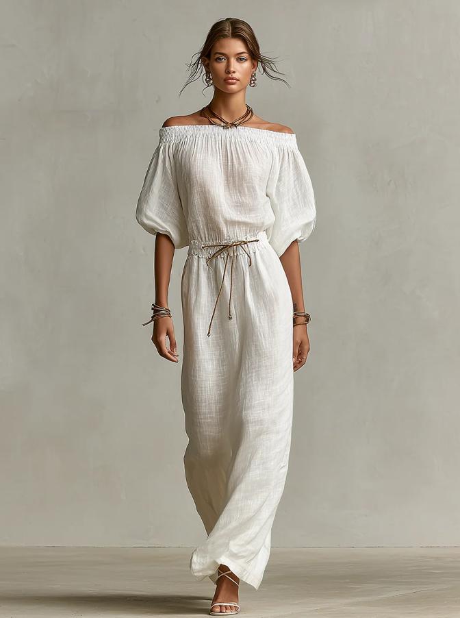 Off‑The‑Shoulder Linen‑Blend Maxi Dress - White / S