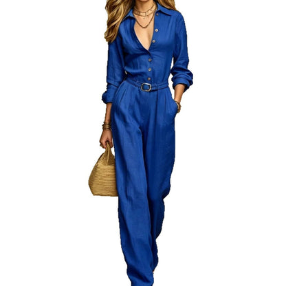 Classic Collared Belted Linen Blend Wide Leg Jumpsuit