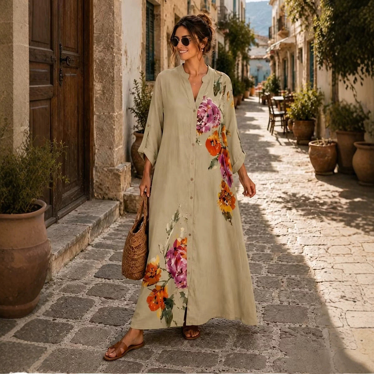 Floral Print Linen Button Down Maxi Dress