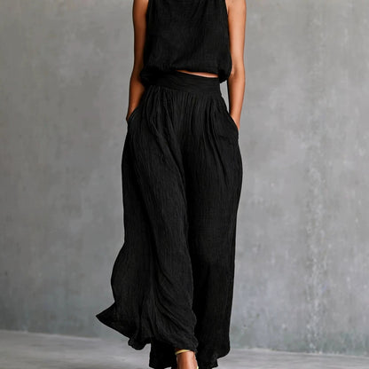 Chartreuse Textured Linen Matching Set, Sleeveless Tank Top & High Waist Flowy Wide Leg Pants