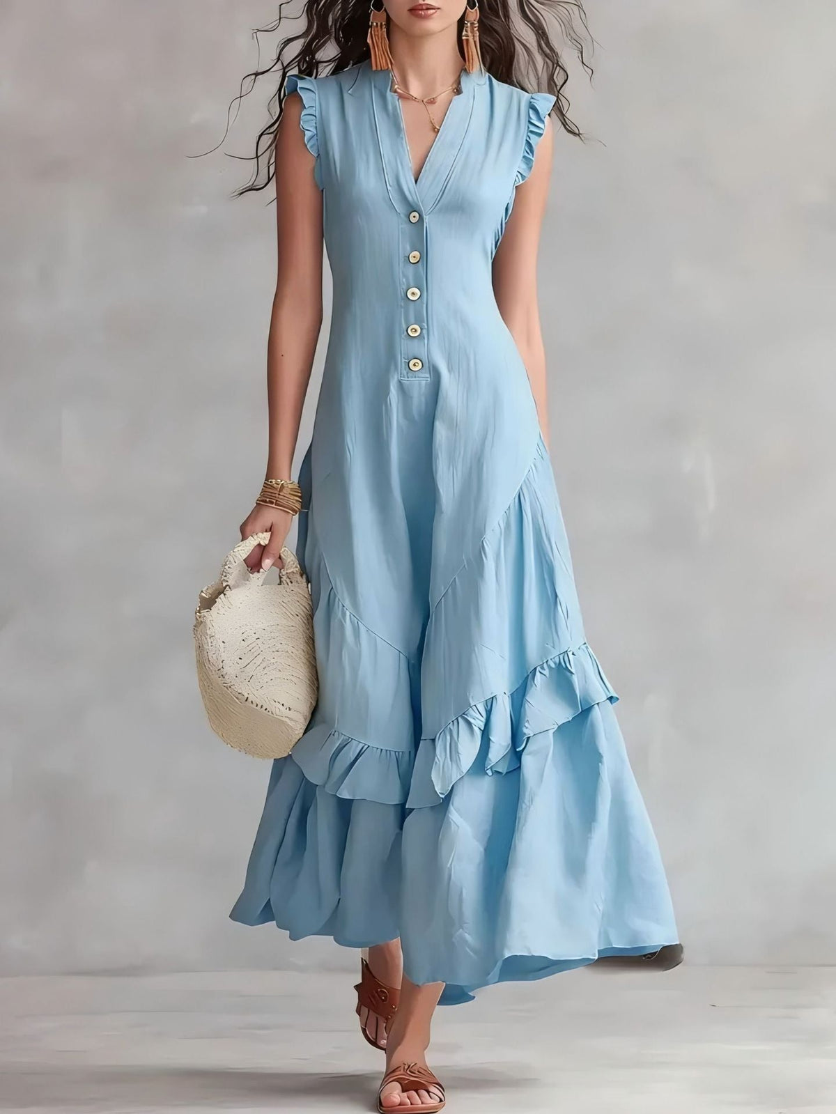 Robe longue sans manches à volants à col V