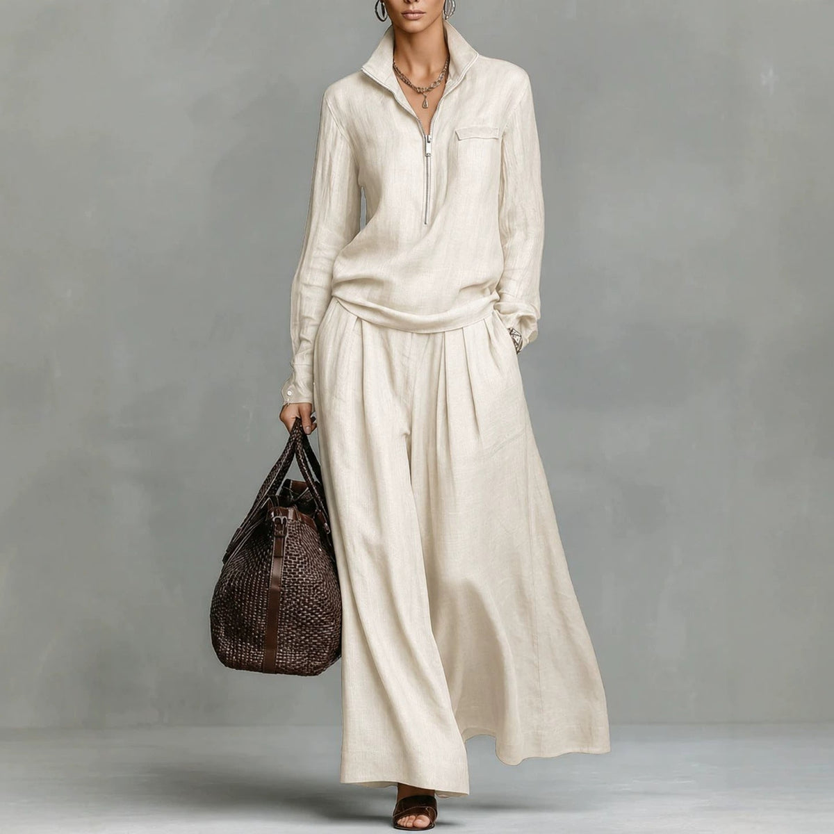 Ensemble deux pièces en lin pour femme : haut demi-zippé et pantalon large – Tenue décontractée coordonnée