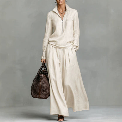 Ensemble deux pièces en lin pour femme : haut demi-zippé et pantalon large – Tenue décontractée coordonnée