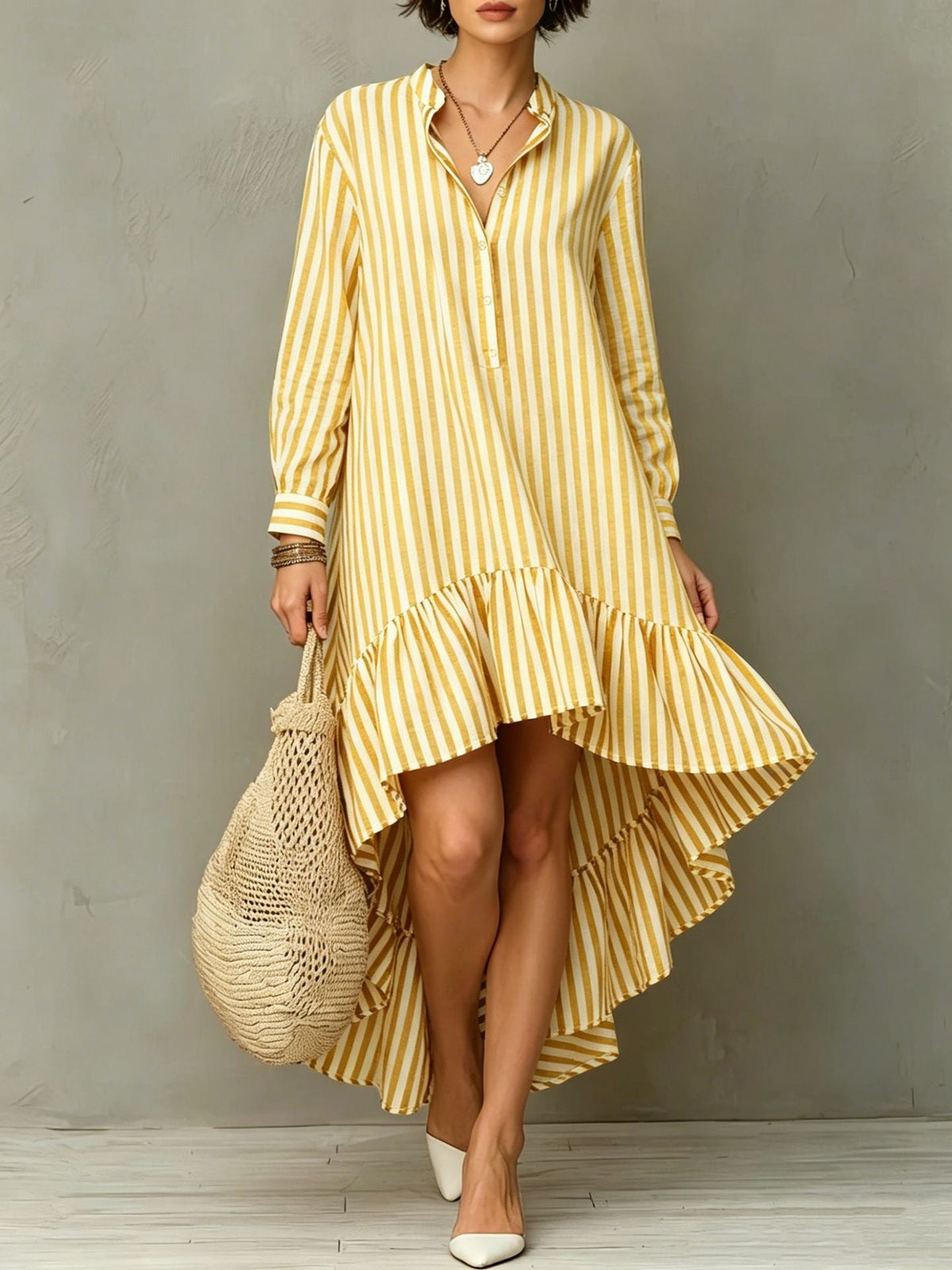 Vertical Stripe Long Sleeve Hi-Lo Ruffle Hem Shirt Midi Dress