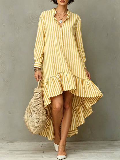 Vertical Stripe Long Sleeve Hi-Lo Ruffle Hem Shirt Midi Dress