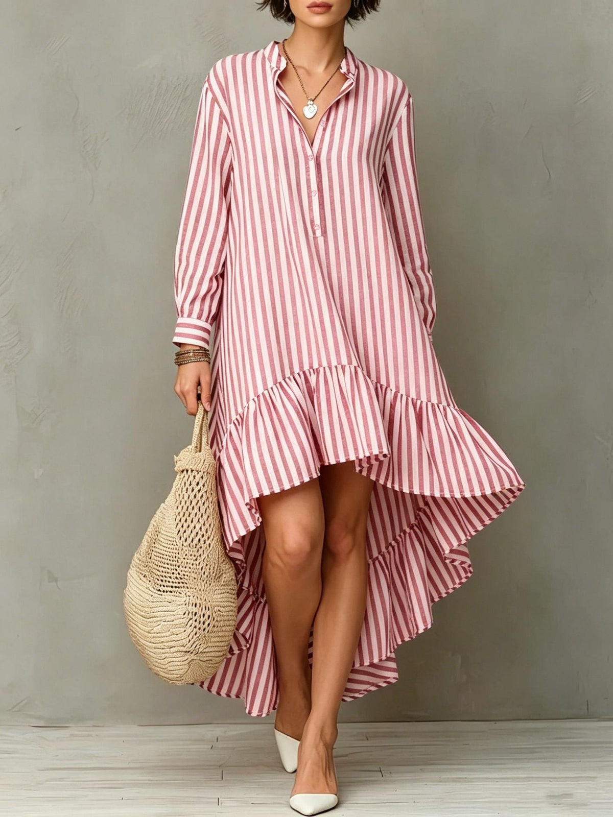 Vertical Stripe Long Sleeve Hi-Lo Ruffle Hem Shirt Midi Dress