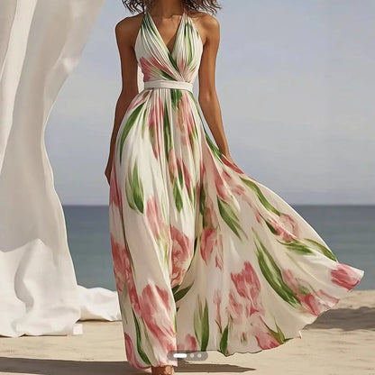 Halter V-Neck Floral Pleated Maxi Dress with Waist Belt
