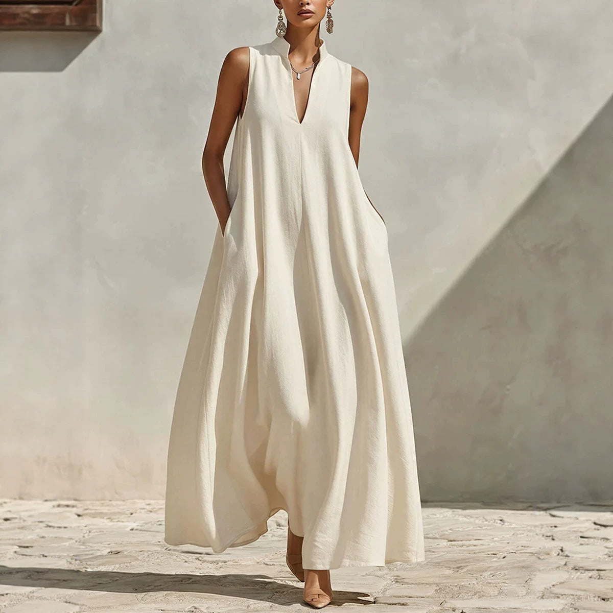 Stand Collar Sleeveless Linen Blend Pocketed Oversized Maxi Dress