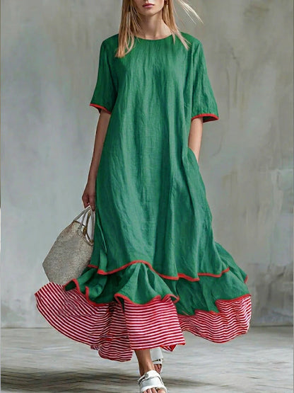 Linen Piping Stripe Ruffle Hem Loose Maxi Dress