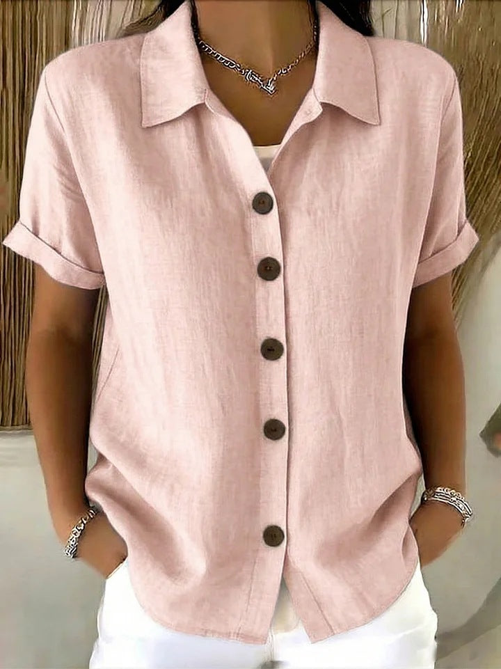 Chemise en lin à manches courtes pour femme, à col rabattu