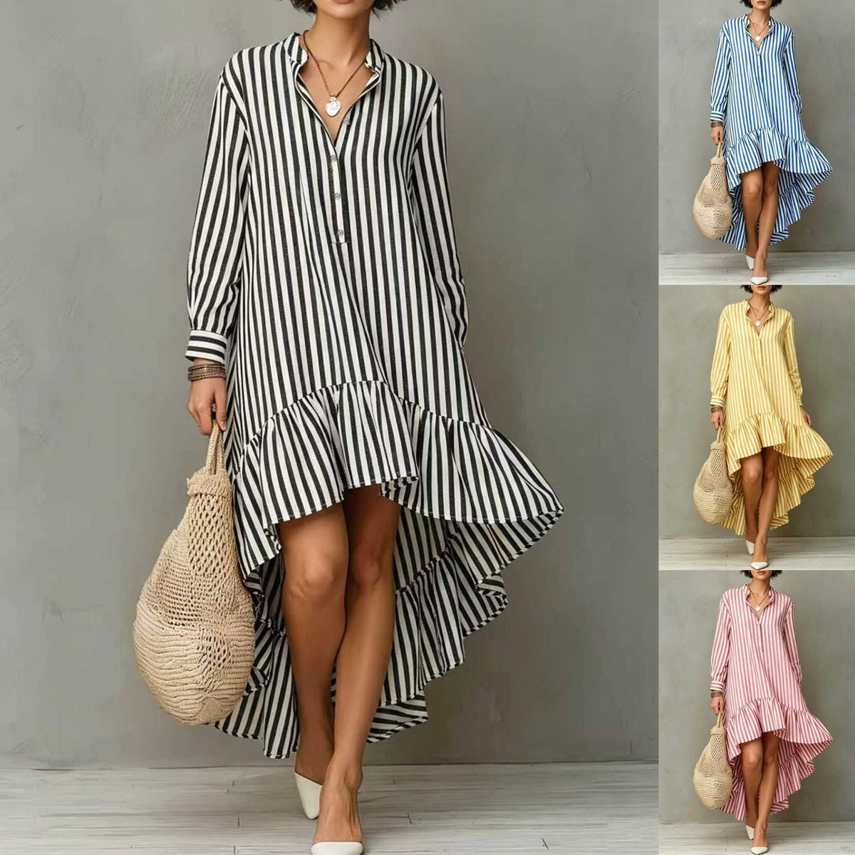 Vertical Stripe Long Sleeve Hi-Lo Ruffle Hem Shirt Midi Dress