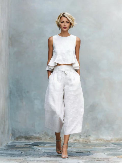 Linen Ruffle Crop Top Tie Waist Culotte Two Piece Set