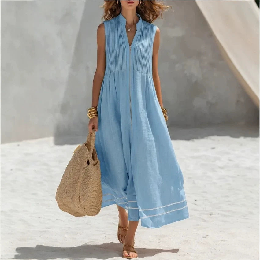 Stand Collar Pleated Zip Front Sleeveless Linen Midi Dress