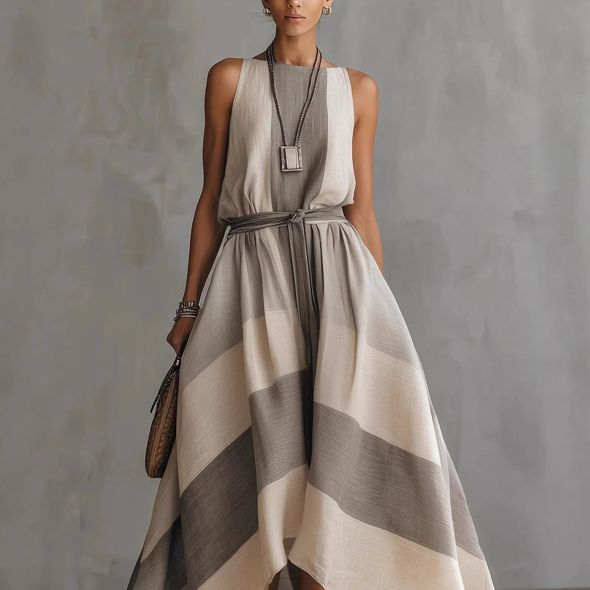 Robe maxi sans manches rayée en mélange de lin